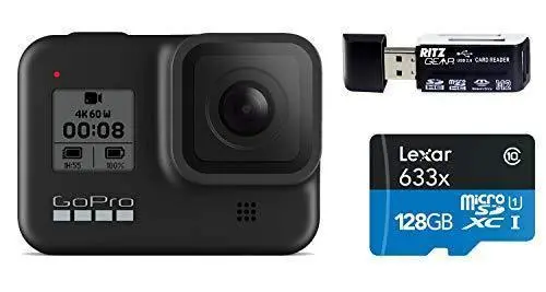 GoPro HERO8 Black Waterproof Action Camera – 4K Video, 12MP Photos, HyperSmooth Stabilization, Live Streaming + Lexar 128GB U3 Card & Ritz Gear Reader