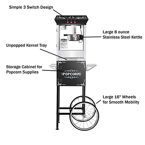 Great Northern Vintage-Style Black Popcorn Machine with Cart – 8 oz Capacity