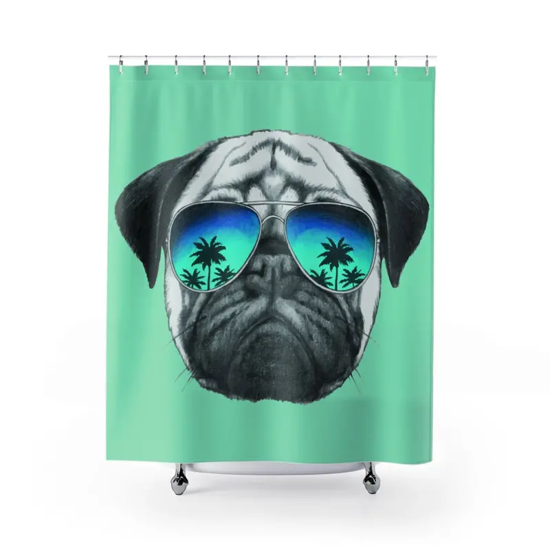 Green Pug Wearing Sunglasses Shower Curtain