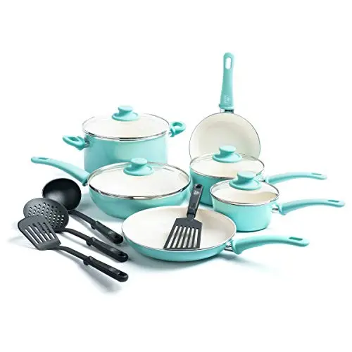 GreenLife SofGrip Ceramic Cookware Set – 14-Piece PFAS-Free Nonstick Pots and Pans in Turquoise, Dishwasher-Safe