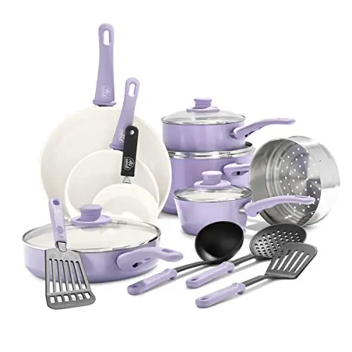 GreenLife Soft Grip 16-Piece Ceramic Nonstick Cookware Set – PFAS-Free, Dishwasher Safe, Lavender