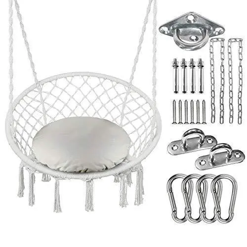 Greenstell Macramé Hammock Chair with Cushion & Hardware Kit – Indoor/Outdoor Cotton Rope Swing, 290-Lb Capacity, Beige