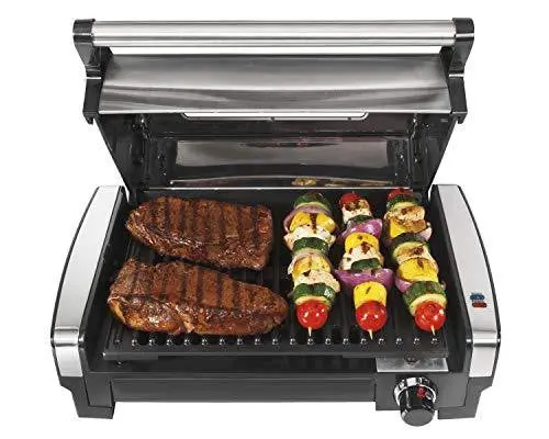 Hamilton Beach 25361 Indoor Searing Grill – Viewing Window, Removable Nonstick Plate, Extra-Large Drip Tray (Stainless Steel)