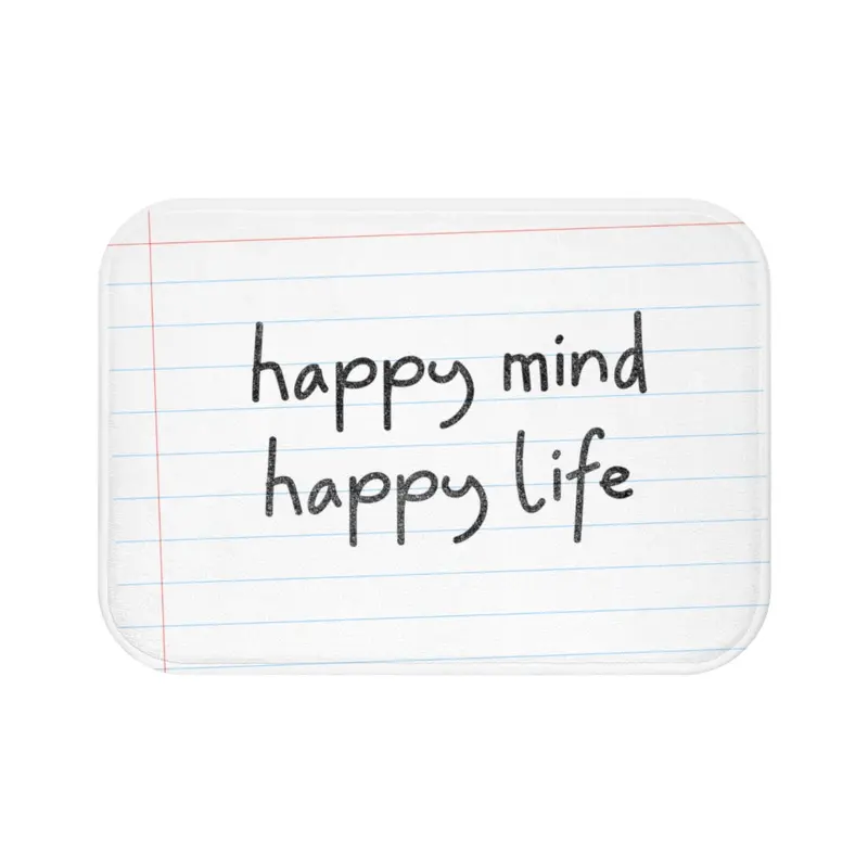 ‘Happy Mind, Happy Life’ Minimalist Pencil-Script Bath Rug