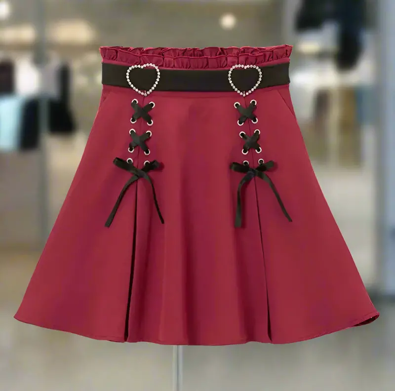 High-Waist Anime Gothic Skirt – Ruffled Hem, Contrast Trim, Dramatic Flare