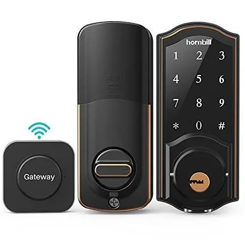 Hornbill Smart Deadbolt with Keypad & Wi-Fi Bridge – Voice Control via Alexa/Google, Bluetooth Access, App Management for Homes, Offices & Rentals (Black)