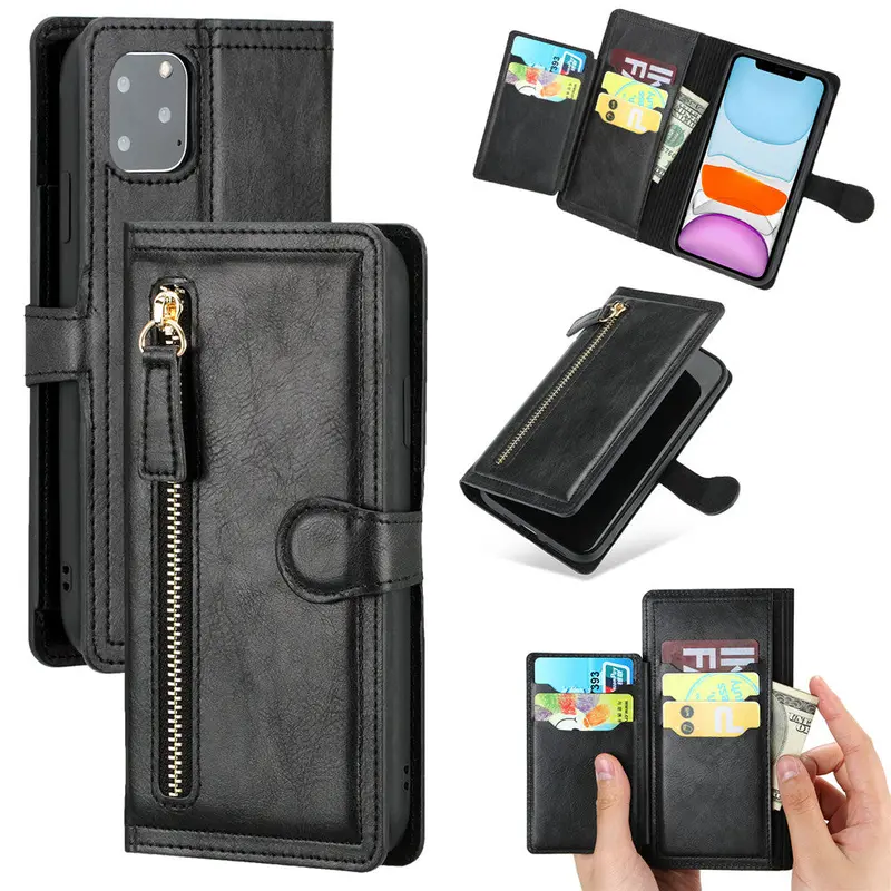 iPhone Flip Wallet Case with Zipper Closure & Wireless Charging Support