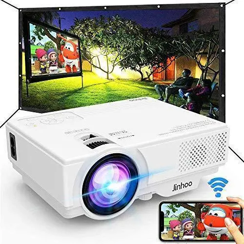 Jinhoo 1080P WiFi Projector: Outdoor/Home Theater Bundle with 100″ Screen & Smartphone Mirroring