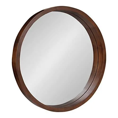 Kate + Laurel Hutton Round Wall Mirror – 22″ Modern Wood Frame with Walnut Finish