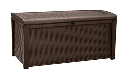 Keter Borneo 110-Gallon Resin Deck Storage Box – Brown Outdoor Organizer for Cushions, Tools & Toys