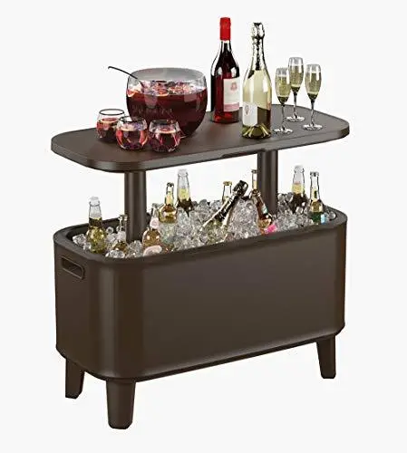 Keter Breeze Bar Patio Side Table – Espresso Brown Hot Tub Table with 17-Gallon Beverage Cooler