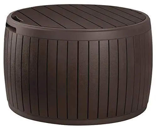 Keter Circa 37-Gallon Round Deck Storage Box – Brown Outdoor Patio Table with Cushion Storage Capacity