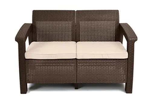 Keter Corfu Outdoor Loveseat – All-Weather Resin Wicker Patio Bench with Cushions, Brown Finish