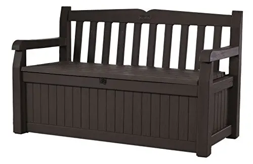 Keter Eden 70-Gallon Brown Resin Storage Bench – Outdoor Deck Box for Tools, Toys & Patio Accessories
