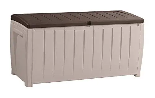 Keter Novel 90-Gallon Deck Storage Box – Weather-Resistant Brown Plastic Outdoor Patio Furniture Container