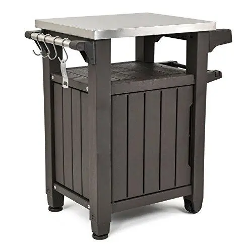 Keter Unity Outdoor Storage Cabinet – Stainless Steel Top Patio Table with Hooks for Grill Gear and Bar Setup