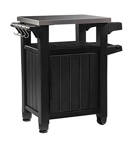 Keter Unity Outdoor Storage Table – Stainless Steel-Topped Patio Cabinet with Hooks for Grilling Gear and Bar Setup (Dark Grey)