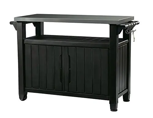 Keter Unity XL Outdoor Storage Table – Stainless Steel-Topped Patio Kitchen Island or Bar Cart with Accessory Hooks (Dark Grey)