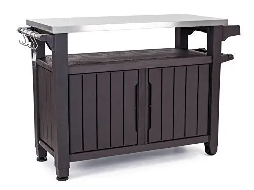 Keter Unity XL Stainless Steel-Topped Outdoor Storage Table – Grill Station or Bar Cart with Hooks, Espresso Brown