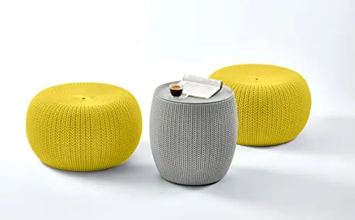 Keter Urban Knit Pouf Ottoman Set – 2-Piece Cream & Taupe Storage Ottomans for Indoor/Outdoor Living Spaces