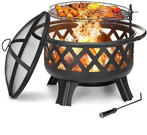 KINGSO 30″ Dual-Function Outdoor Fire Pit – Heavy-Duty Steel Wood-Burning Bowl with Cooking Grate, Spark Screen, Poker, and Patio-Ready Design