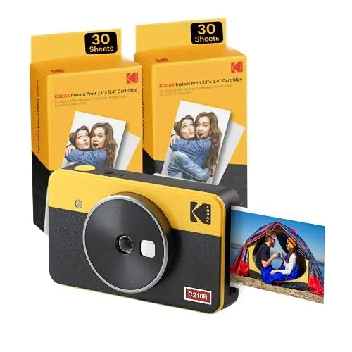 Kodak Mini Shot 2 Retro Instant Camera & Printer – Wireless iOS/Android Bluetooth, 68-Sheet Bundle, 2.1″x3.4″ Photos, Yellow