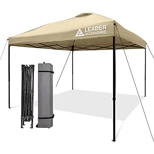Leader Accessories 10’×10′ Pop-Up Canopy Tent – Instant Setup Straight-Leg Shelter with Wheeled Carry Bag (Beige)