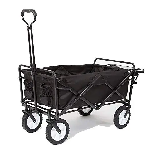 Mac Sports Folding Utility Wagon – Collapsible Outdoor Cart with Removable Side Table (Black)