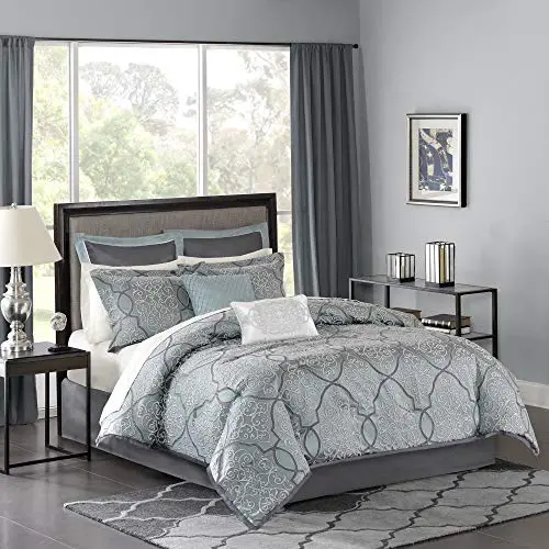Madison Park LaVine Blue 12-Piece All-Season Bed-in-a-Bag Set – Queen Comforter, Sheets, and Luxe Jacquard Coverlet