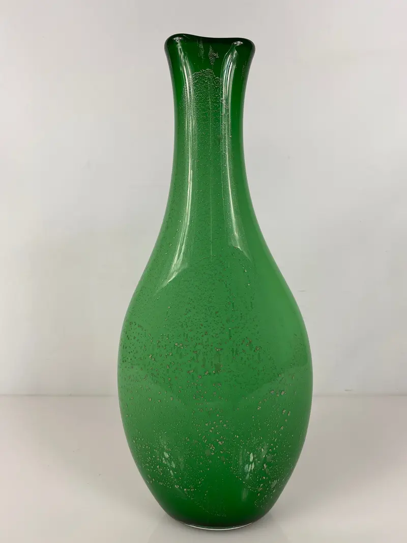 Marc Vanderberg Artisan Green Ceramic Vase Featuring Silver Metallic Accents