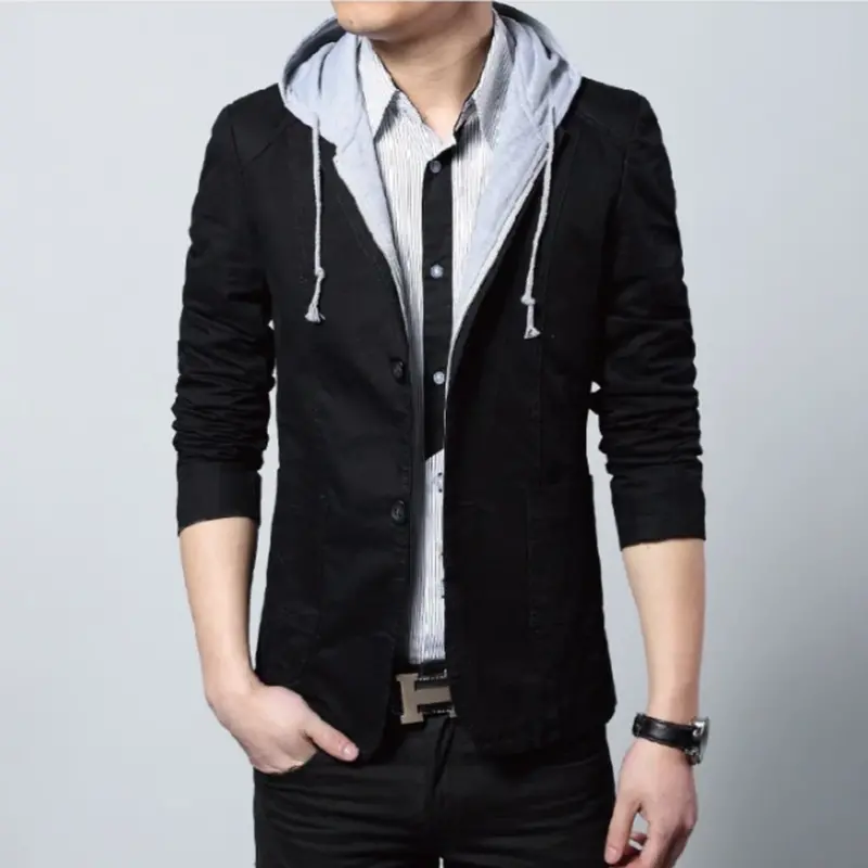 Men’s Black Hooded Blazer – Modern Streetwear Fusion