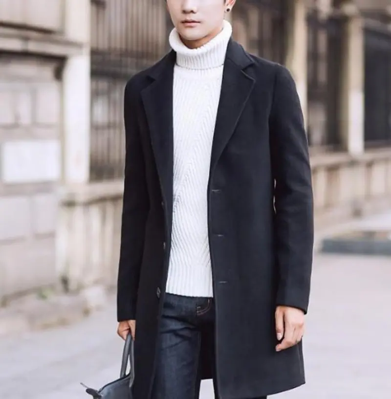 Men’s Black Slim-Fit Mid-Length Overcoat