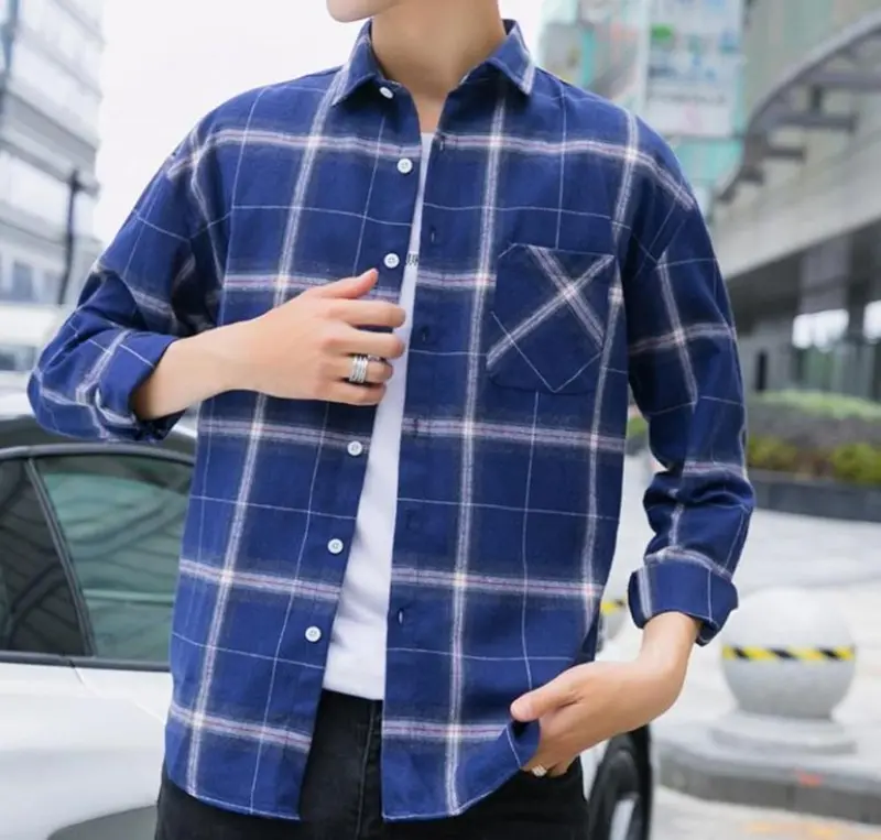 Men’s Blue Plaid Long-Sleeve Button-Up Casual Shirt