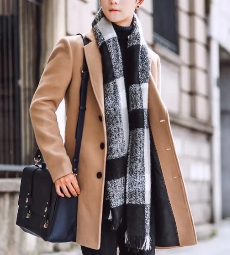 Men’s Khaki Slim-Fit Mid-Length Overcoat