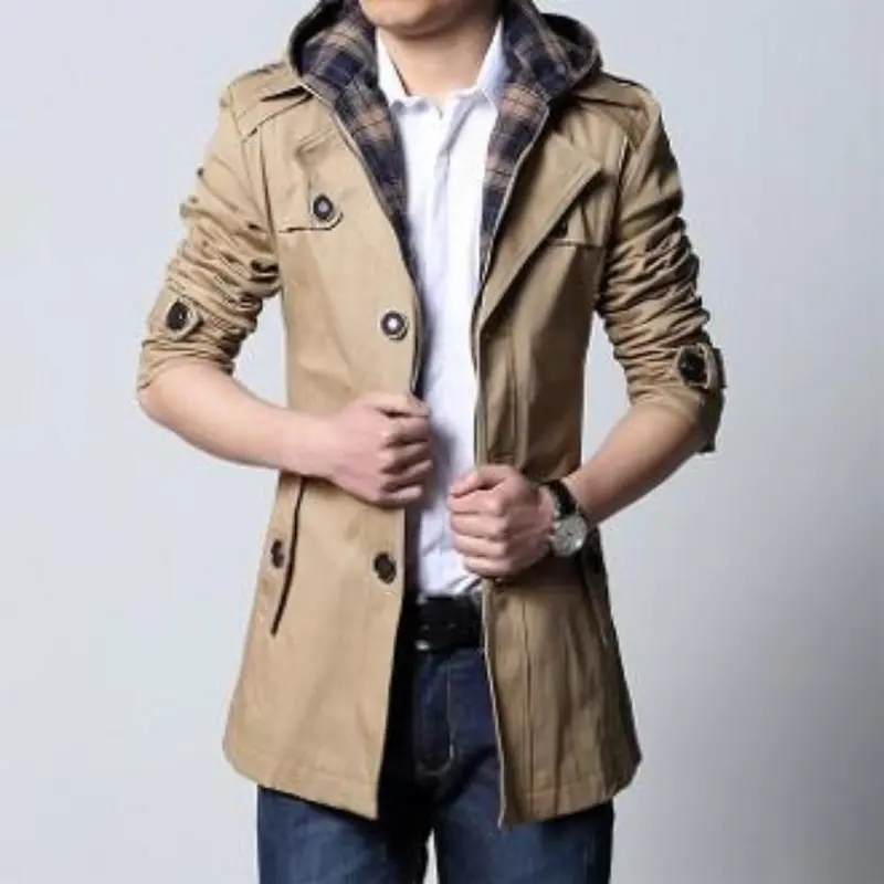Men’s Khaki Trench Jacket with Detachable Hood