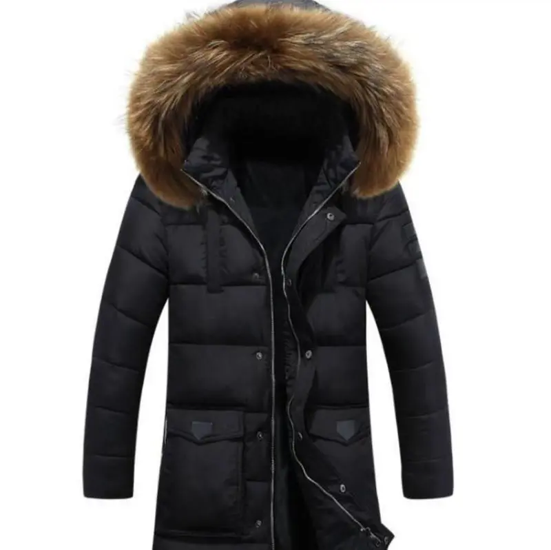 Men’s Military-Inspired Black Faux Fur Hooded Winter Coat