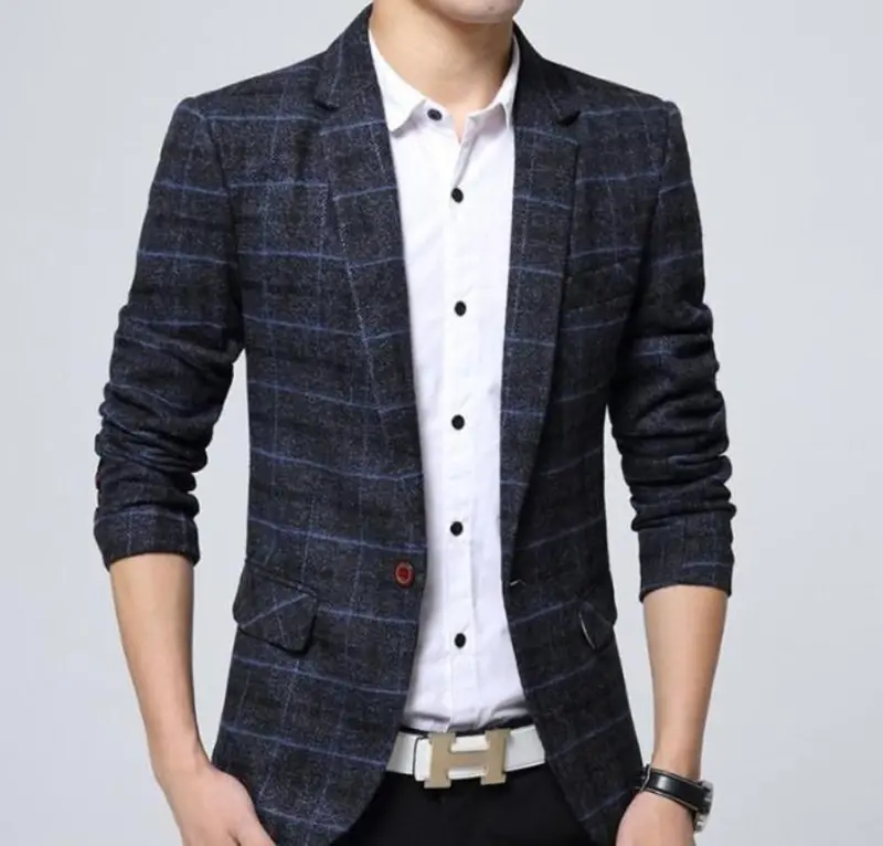 Men’s Navy Plaid Tailored Blazer