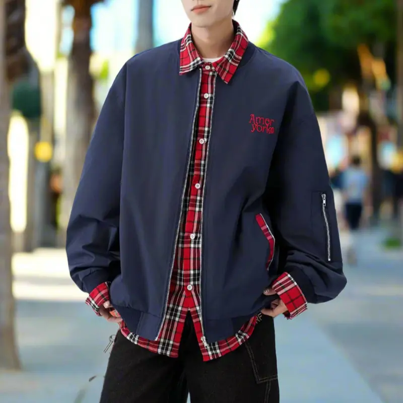 Men’s Plaid-Accent Jacket – Layered Design with Red Check Detailing
