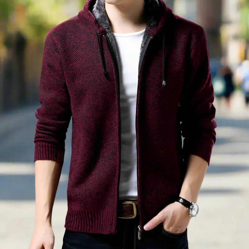 Men’s Red Wine Zip-Up Hooded Jacket