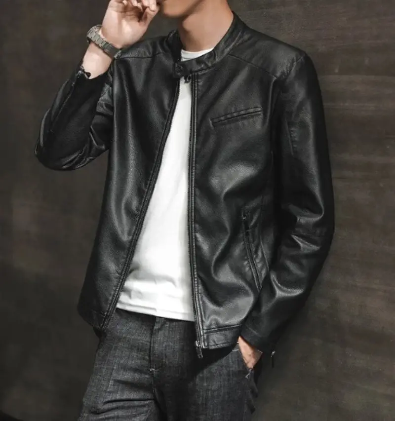 Men’s Vegan Leather Biker Jacket with Zip Front