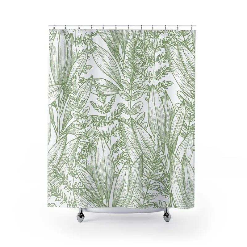 Minimalist Green Leaf Outline Shower Curtain – Botanical Bathroom Style