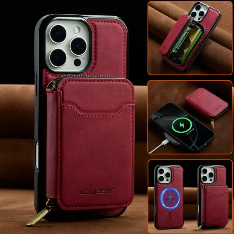 Modular Vegan Leather iPhone Case with Removable Zippered Card Pouch