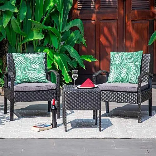 M&W 3-Piece PE Rattan Patio Set – Outdoor Bistro Chairs & Coffee Table for Balconies, Gardens, and Backyards (Grey, Pillows Not Included)