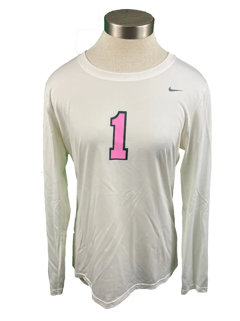 Nike Women’s White Breast Cancer Awareness Volleyball Jersey – Long Sleeve, Size M, #1