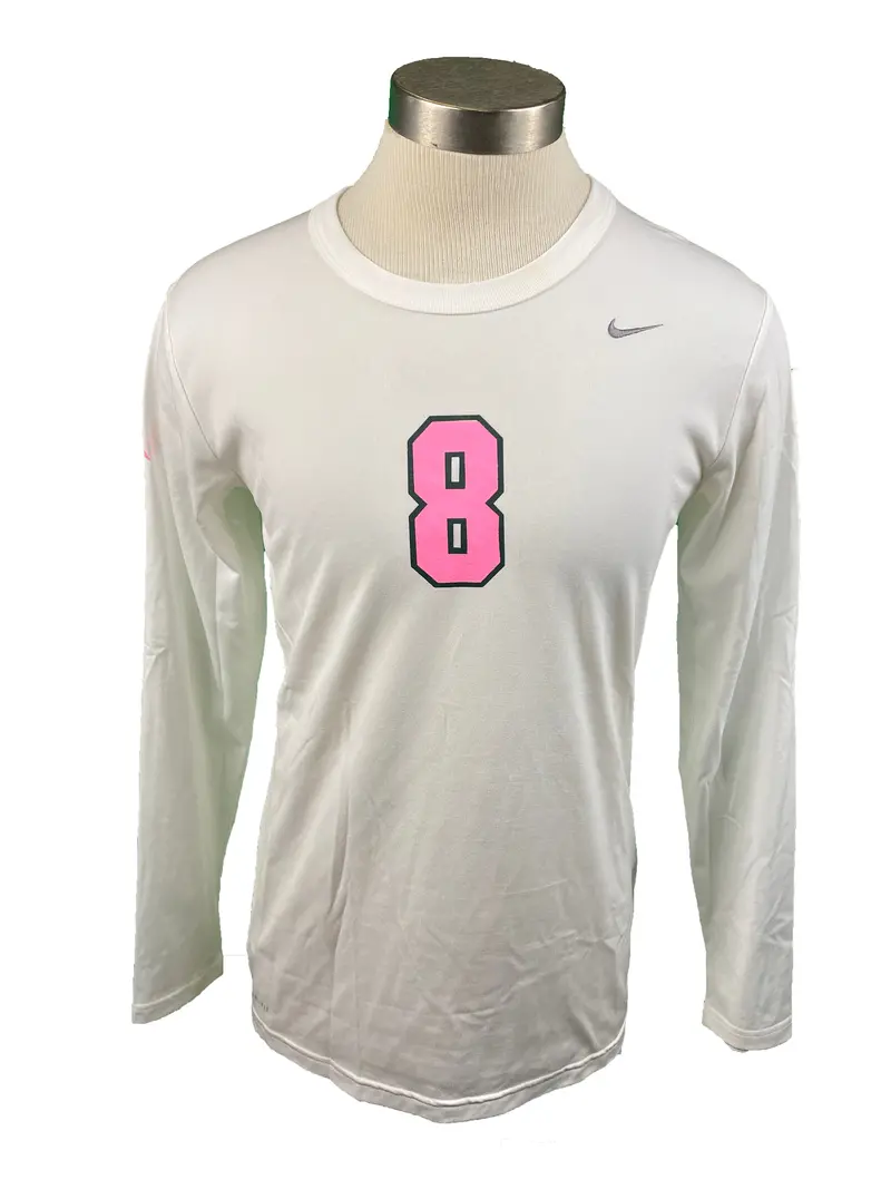 Nike Women’s White Spartan Breast Cancer Awareness Volleyball Jersey – Long Sleeve, Size L, #8