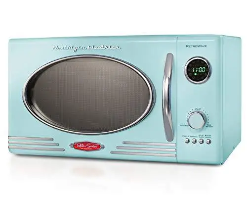 Nostalgia RMO4AQ Retro 0.9 Cu Ft Microwave Oven – Aqua Finish, 12 Presets, Digital Clock & Easy-Clean Interior