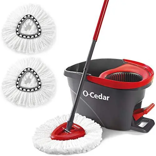 O-Cedar EasyWring Microfiber Spin Mop System – Red/Gray Floor Cleaning Kit with 2 Extra Refills