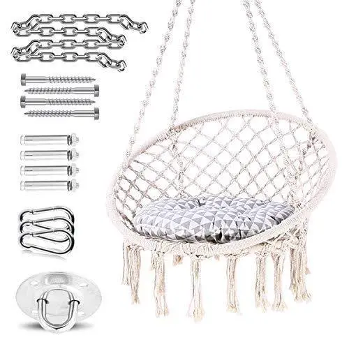 Ohuhu Macrame Hammock Chair – Soft Cotton Rope Swing with Cushion & Hardware Kit, Indoor/Outdoor Decor & Gift Option