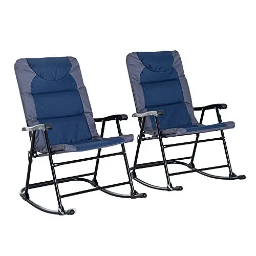 Outsunny Folding Rocking Chair Set – 2 Navy Blue/Grey Padded Rockers with Armrests