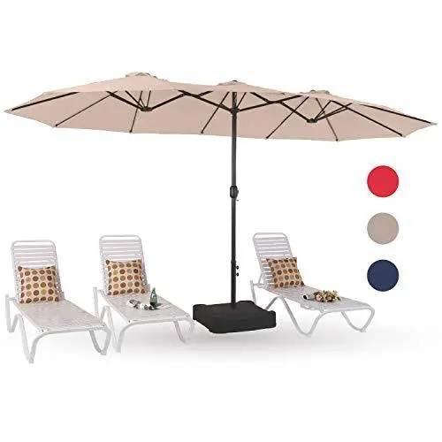 PHI VILLA 15-Foot Double-Sided Patio Umbrella – Crank-Operated Outdoor Market Umbrella with Included Base (Beige)
